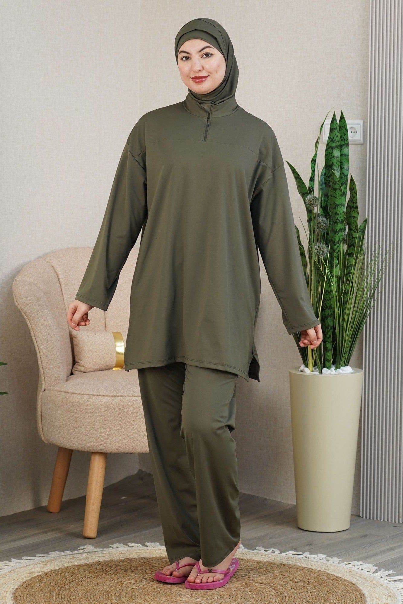 Burkini Nadia VIP FASHION — Vert olive — Couverture totale mer piscine