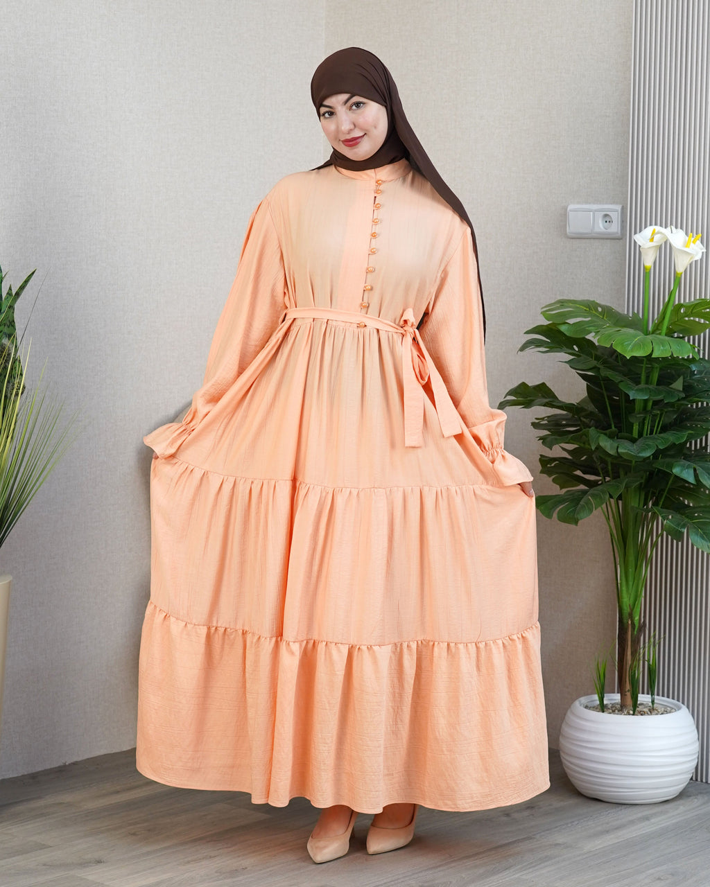 Robe Lina couleur Orange - robe modeste longue en crêpe, manches longues, VIP Fashion